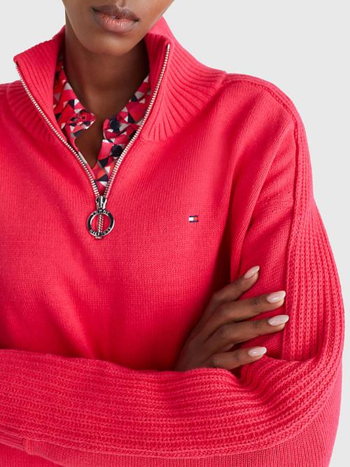 Pink Tommy Hilfiger Oversized Half-Zip High Neck Jumper Women's Sweaters | TH940SZL