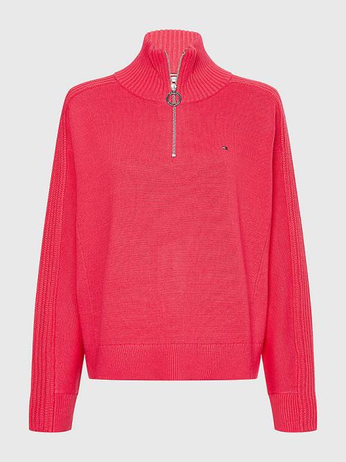 Pink Tommy Hilfiger Oversized Half-Zip High Neck Jumper Women's Sweaters | TH940SZL