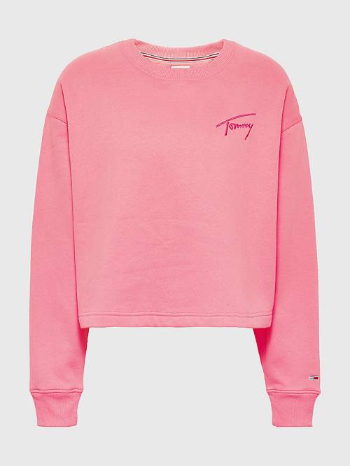 Pink Tommy Hilfiger Recycled Signature Logo Cropped Women's Sweatshirts | TH526OQW