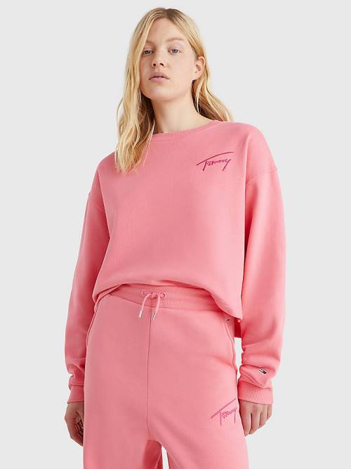 Pink Tommy Hilfiger Recycled Signature Logo Cropped Women\'s Sweatshirts | TH526OQW