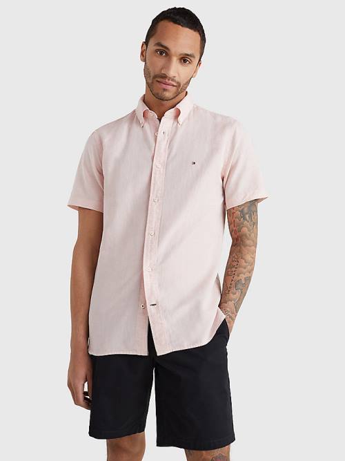 Pink Tommy Hilfiger Short Sleeve Tapered Regular Fit Men\'s Shirts | TH069YSW