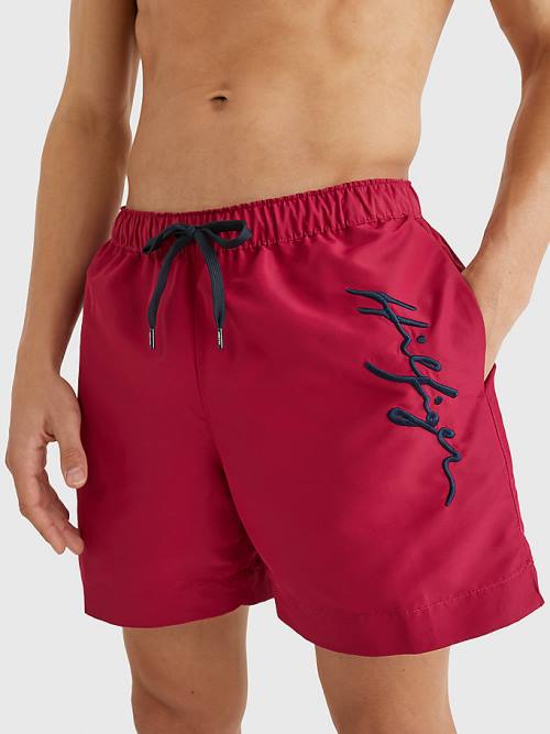 Pink Tommy Hilfiger Signature Logo Mid Length Shorts Men's Swimwear | TH925ZKL