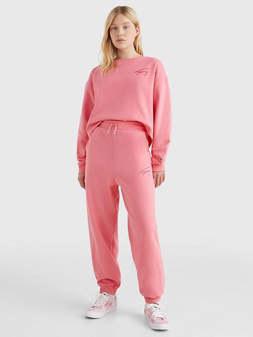 Pink Tommy Hilfiger Signature Logo Recycled Jersey Joggers Women's Pants | TH043MSO