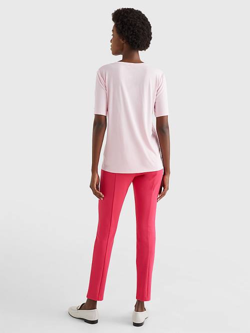 Pink Tommy Hilfiger Sueded Scoop Neck Relaxed Women's T Shirts | TH391LMU