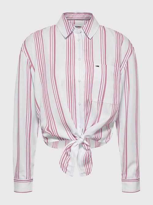 Pink Tommy Hilfiger Tie-Front Stripe Women\'s Shirts | TH453ISK