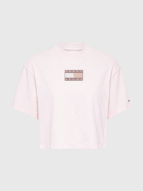 Pink Tommy Hilfiger Tonal Logo Cropped Women's T Shirts | TH809OTF