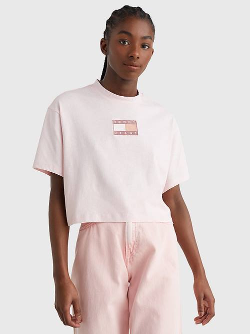 Pink Tommy Hilfiger Tonal Logo Cropped Women\'s T Shirts | TH809OTF