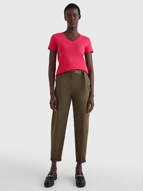 Pink Tommy Hilfiger V-Neck Slim Fit Women's T Shirts | TH639WDN