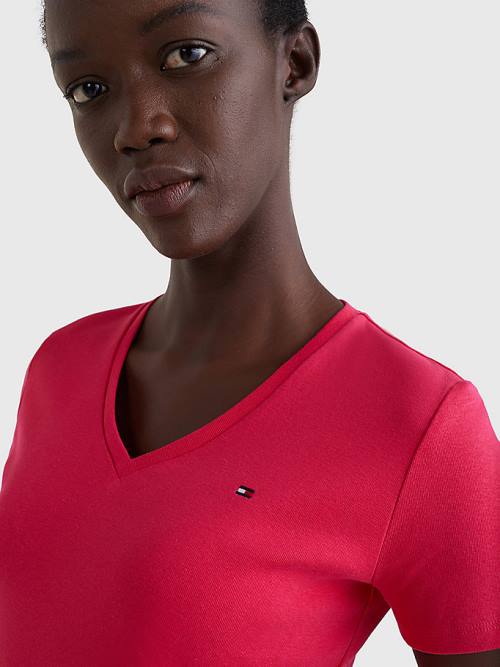 Pink Tommy Hilfiger V-Neck Slim Fit Women's T Shirts | TH639WDN