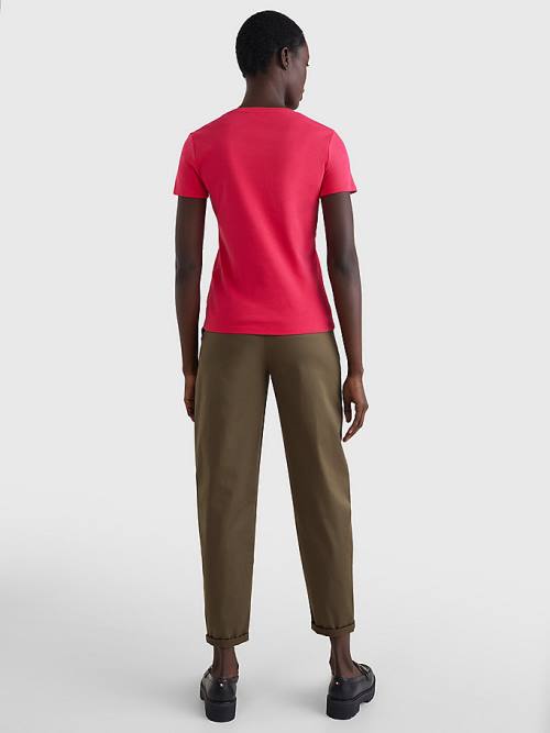 Pink Tommy Hilfiger V-Neck Slim Fit Women's T Shirts | TH639WDN