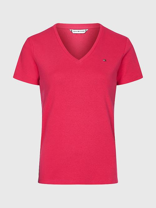 Pink Tommy Hilfiger V-Neck Slim Fit Women's T Shirts | TH639WDN