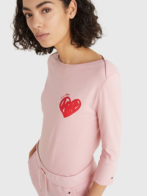 Pink Tommy Hilfiger Valentines Heart Print Boat Neck Women's T Shirts | TH563DCI