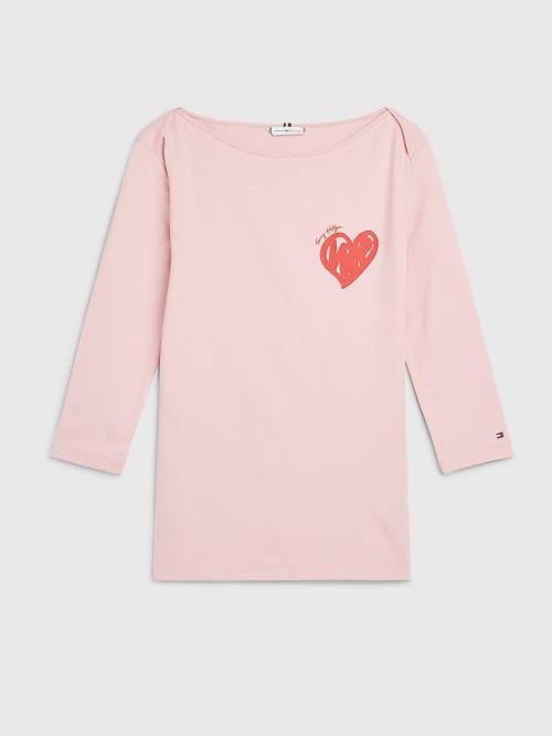 Pink Tommy Hilfiger Valentines Heart Print Boat Neck Women's T Shirts | TH563DCI