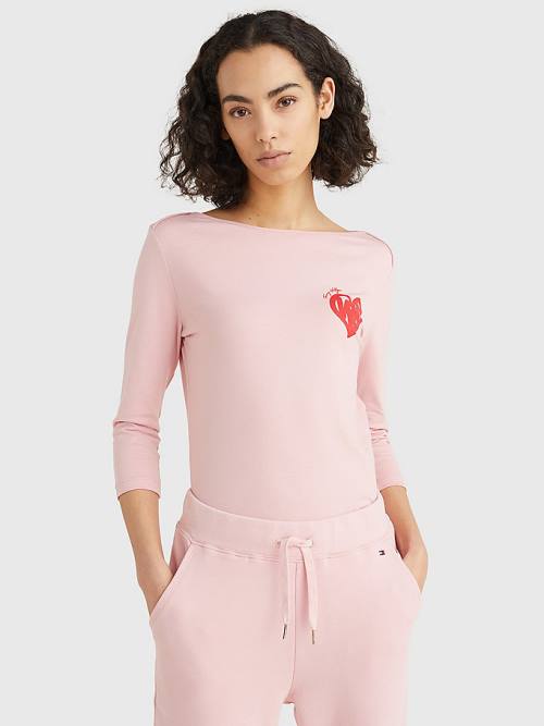 Pink Tommy Hilfiger Valentines Heart Print Boat Neck Women\'s T Shirts | TH563DCI