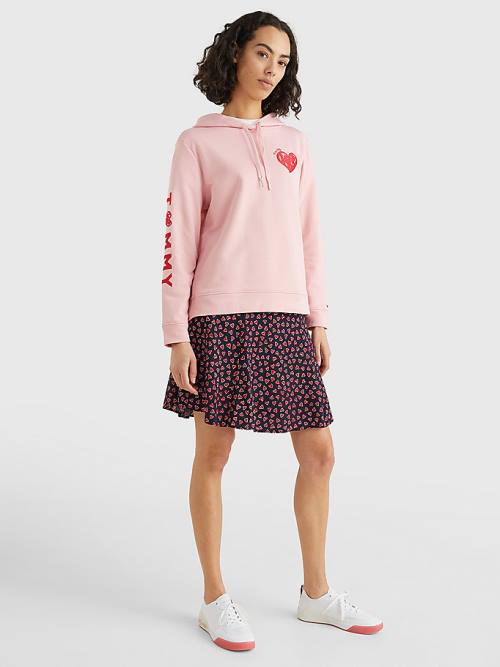 Pink Tommy Hilfiger Valentines Heart Print Terry Women's Hoodie | TH748RWY