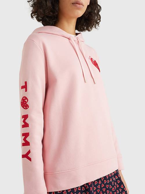 Pink Tommy Hilfiger Valentines Heart Print Terry Women's Hoodie | TH748RWY