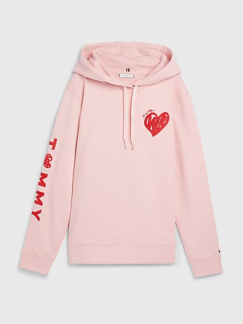 Pink Tommy Hilfiger Valentines Heart Print Terry Women's Hoodie | TH748RWY