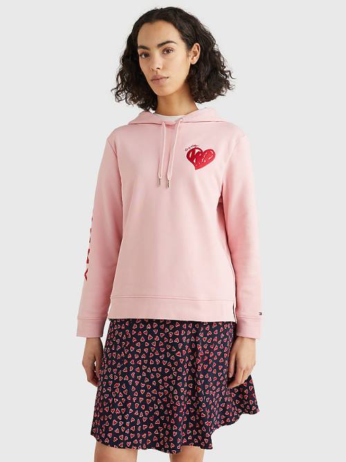 Pink Tommy Hilfiger Valentines Heart Print Terry Women\'s Hoodie | TH748RWY