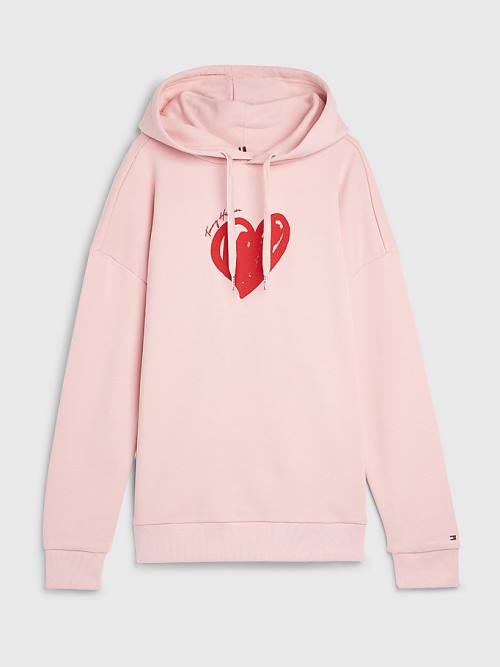 Pink Tommy Hilfiger Valentines Heart Print Relaxed Fit Women's Hoodie | TH751ZTV