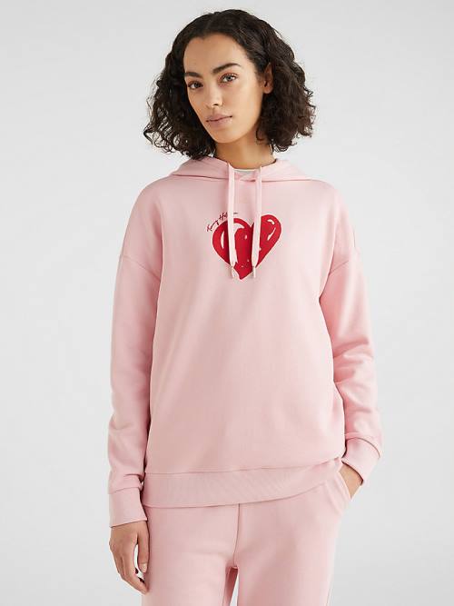 Pink Tommy Hilfiger Valentines Heart Print Relaxed Fit Women\'s Hoodie | TH751ZTV