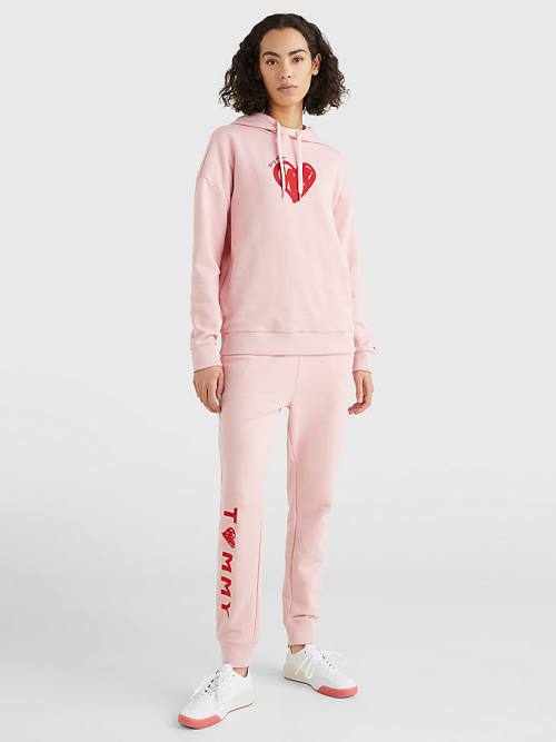 Pink Tommy Hilfiger Valentines Heart Print Terry Joggers Women's Pants | TH943ABK