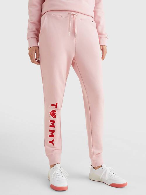 Pink Tommy Hilfiger Valentines Heart Print Terry Joggers Women\'s Pants | TH943ABK