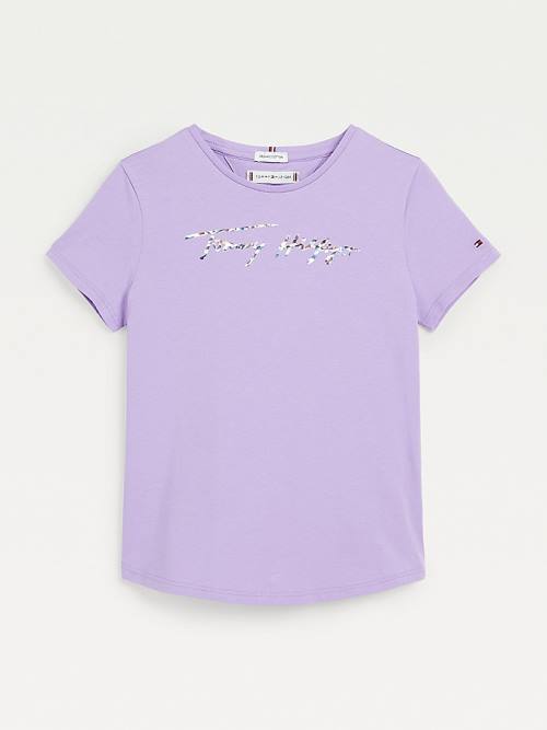 Purple Tommy Hilfiger Metallic Signature Logo Girls\' T Shirts | TH839FWS