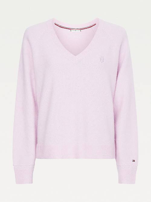 Purple Tommy Hilfiger Monogram Embroidery Relaxed Fit V-Neck Jumper Women's Sweaters | TH235UAM