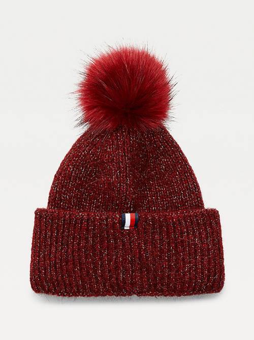 Purple Tommy Hilfiger Pom Pom Metallic Rib-Knit Beanie Women's Hats | TH851FSB