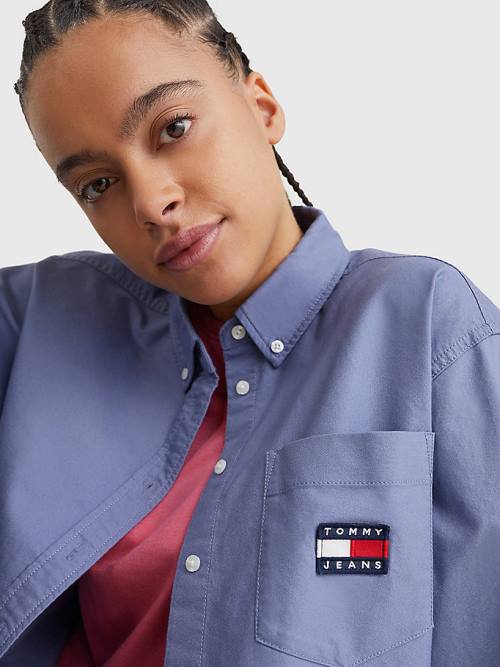 Purple Tommy Hilfiger Tommy Badge Boyfriend Women's Shirts | TH069KHB