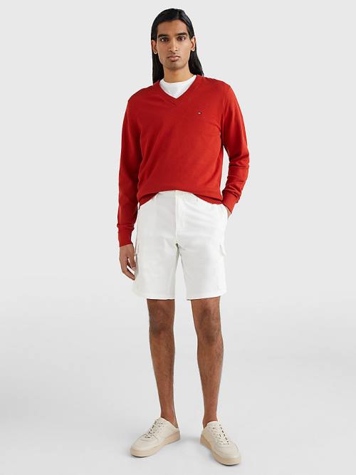 Red Tommy Hilfiger 1985 Essential TH Flex V-Neck Jumper Men's Sweaters | TH031VAJ