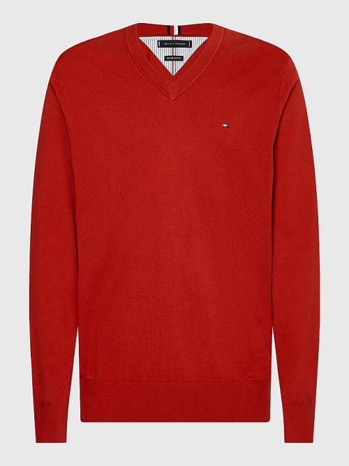 Red Tommy Hilfiger 1985 Essential TH Flex V-Neck Jumper Men's Sweaters | TH031VAJ