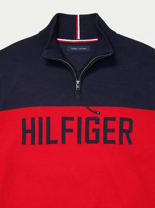 Red Tommy Hilfiger Adaptive Colour-Blocked Half-Zip Sweatshirt Men's Sweaters | TH502KPJ