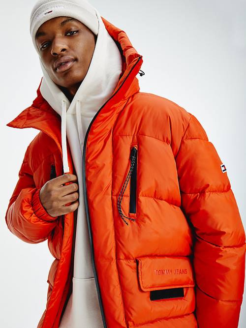 Red Tommy Hilfiger Asymmetrical Zip Puffer Men's Jackets | TH972DML