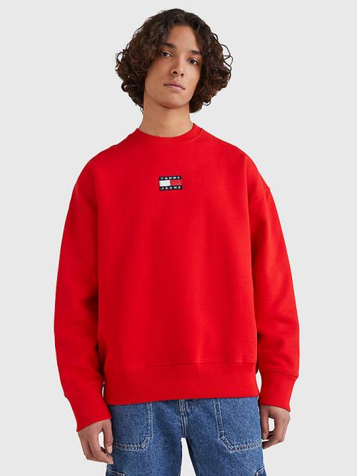 Red Tommy Hilfiger Badge Crew Neck Men\'s Sweatshirts | TH312OQI