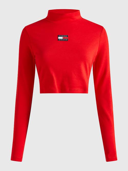 Red Tommy Hilfiger Badge Mock Turtleneck Long Sleeve Women's T Shirts | TH597EKX