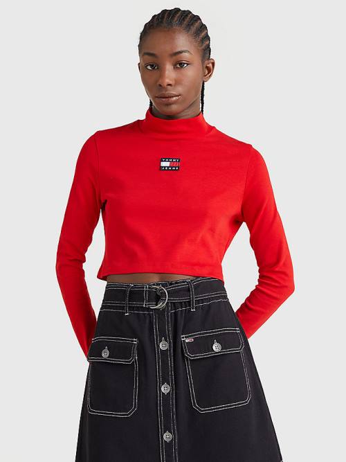 Red Tommy Hilfiger Badge Mock Turtleneck Long Sleeve Women\'s T Shirts | TH597EKX