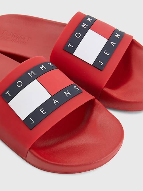 Red Tommy Hilfiger Badge Pool Slides Men's Sandals | TH014HFL