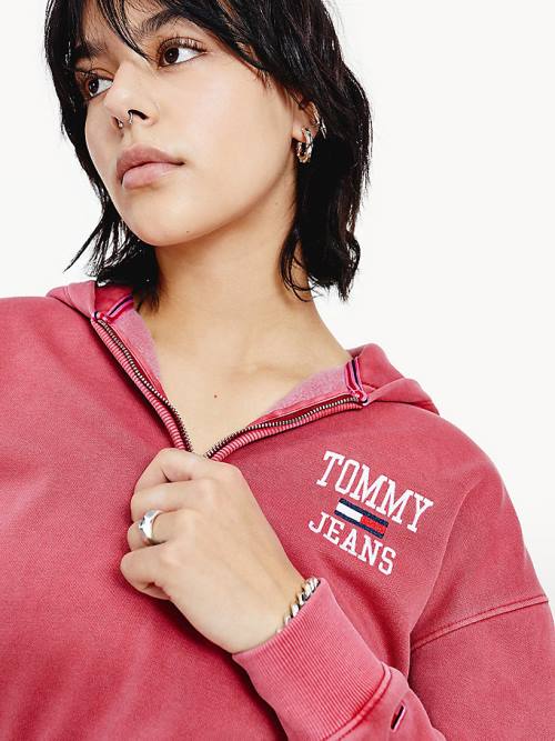 Red Tommy Hilfiger College Cropped Quarter-Zip Women's Hoodie | TH102DIW