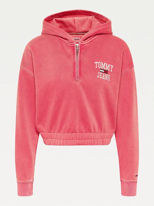 Red Tommy Hilfiger College Cropped Quarter-Zip Women's Hoodie | TH102DIW