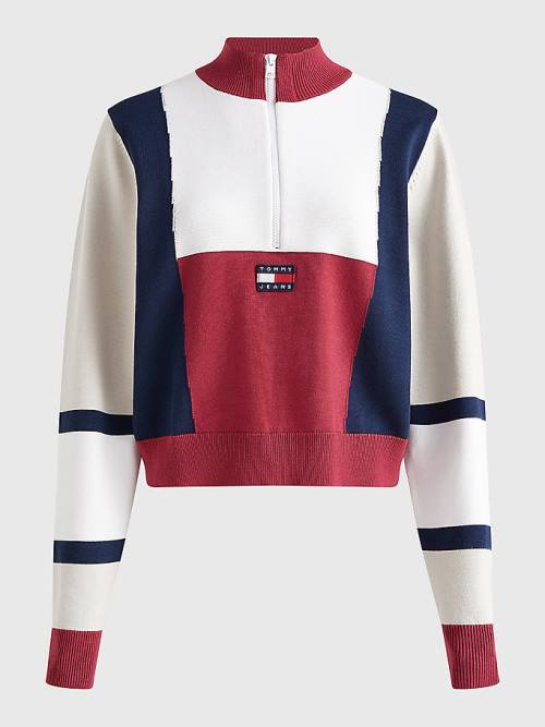 Red Tommy Hilfiger Colour-Blocked Half-Zip Jumper Women's Sweaters | TH619SFQ