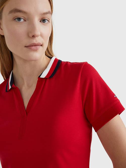 Red Tommy Hilfiger Contrast Collar Slim Fit Top Women's Polo Shirts | TH081NDJ