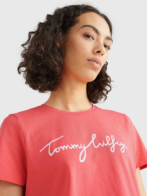 Red Tommy Hilfiger Crew Neck Graphic Signature Logo Women's T Shirts | TH568OEQ