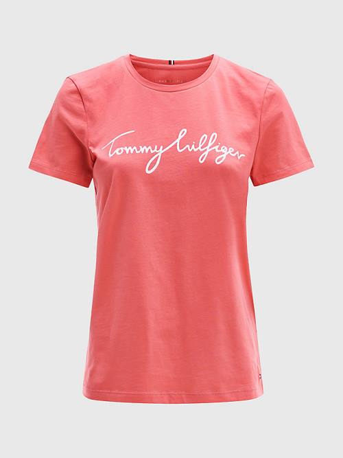 Red Tommy Hilfiger Crew Neck Graphic Signature Logo Women's T Shirts | TH568OEQ