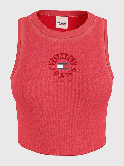 Red Tommy Hilfiger Cropped Logo Tank Top Women's T Shirts | TH092MYN