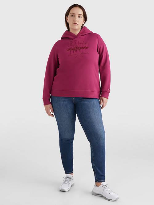 Red Tommy Hilfiger Curve Monogram Embroidery Regular Fit Women's Hoodie | TH592MEB