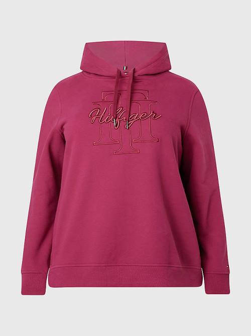 Red Tommy Hilfiger Curve Monogram Embroidery Regular Fit Women's Hoodie | TH592MEB