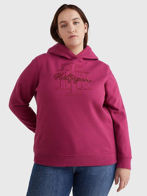 Red Tommy Hilfiger Curve Monogram Embroidery Regular Fit Women\'s Hoodie | TH592MEB