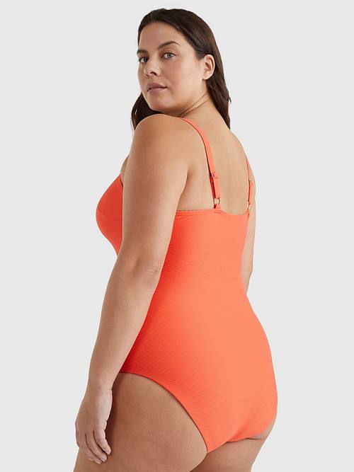 Red Tommy Hilfiger Curve Ribbed One Piecesuit Women's Swimwear | TH479EZA