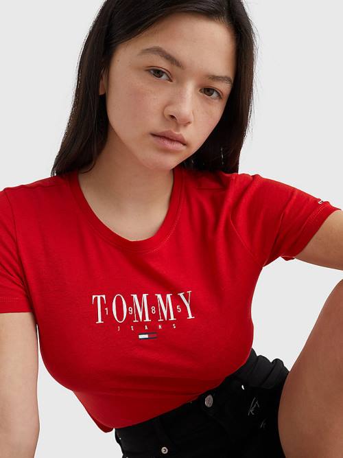 Red Tommy Hilfiger Essential Logo Skinny Fit Women's T Shirts | TH602WQC